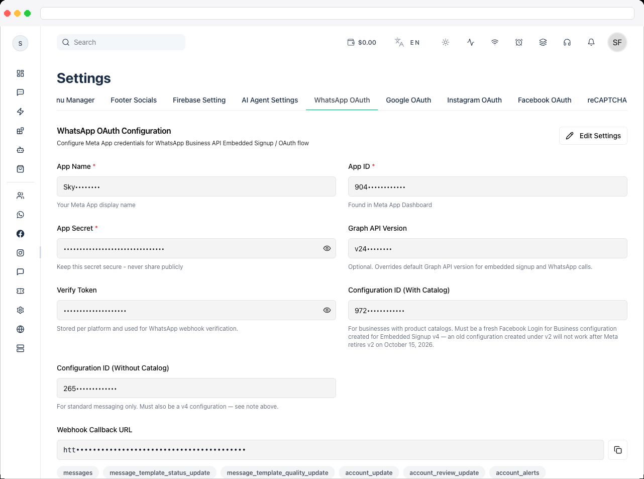 WhatsApp OAuth — Add the webhook