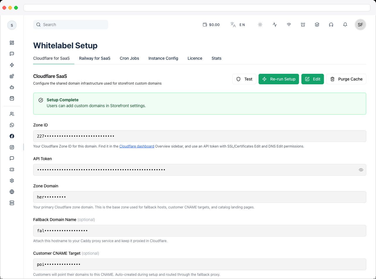 The Cloudflare for SaaS tab with the Zone ID, API Token, Zone Domain, Fallback Domain Name, and Customer CNAME Target fields, and the Test / Auto-Setup / Edit / Purge Cache buttons