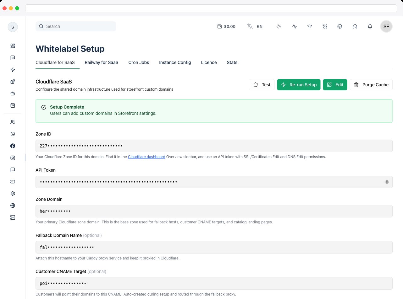 The Cloudflare for SaaS tab with the Zone ID, API Token, Zone Domain, Fallback Domain Name, and Customer CNAME Target fields, and the Test / Auto-Setup / Edit / Purge Cache buttons