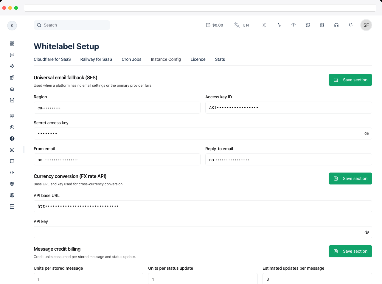 The Universal email fallback (SES) card with its fields and Save section button