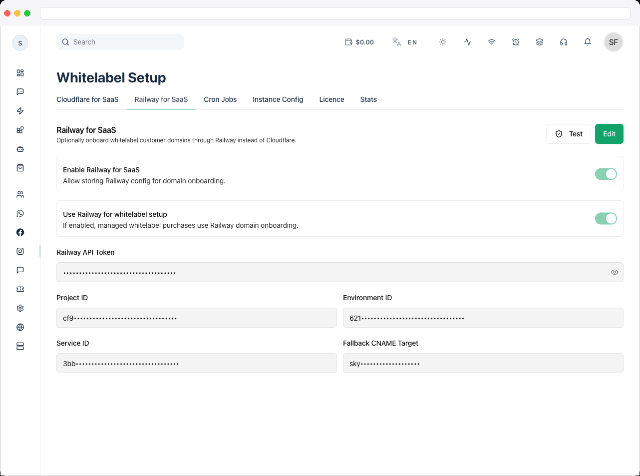 The Railway for SaaS form in edit mode with the API token and project fields active