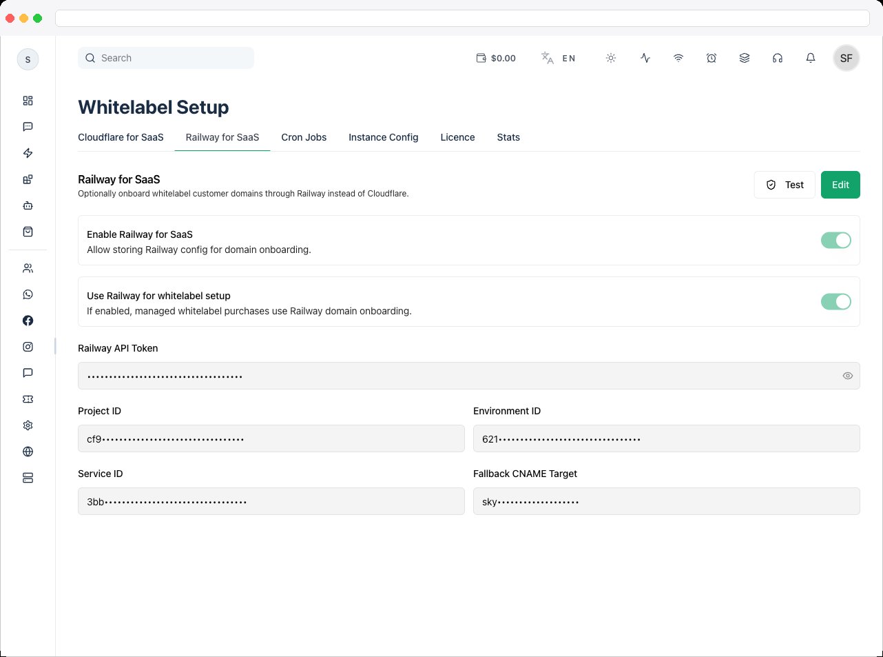 The Railway for SaaS form in edit mode with the API token and project fields active
