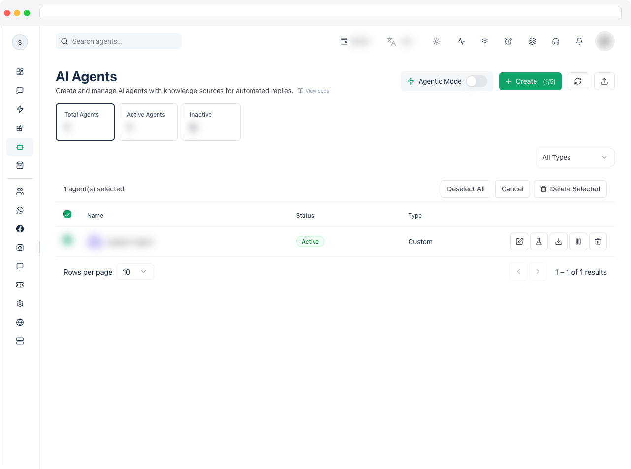 The AI agent builder page showing the full row of tabs across the top