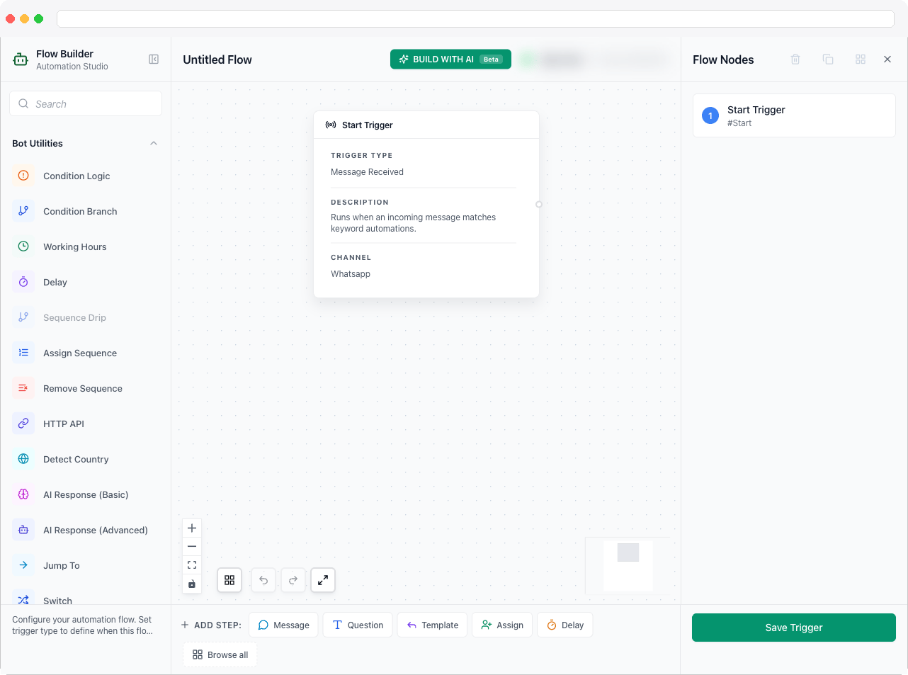 The Automation builder canvas with a trigger, several connected steps, and the step palette on the left
