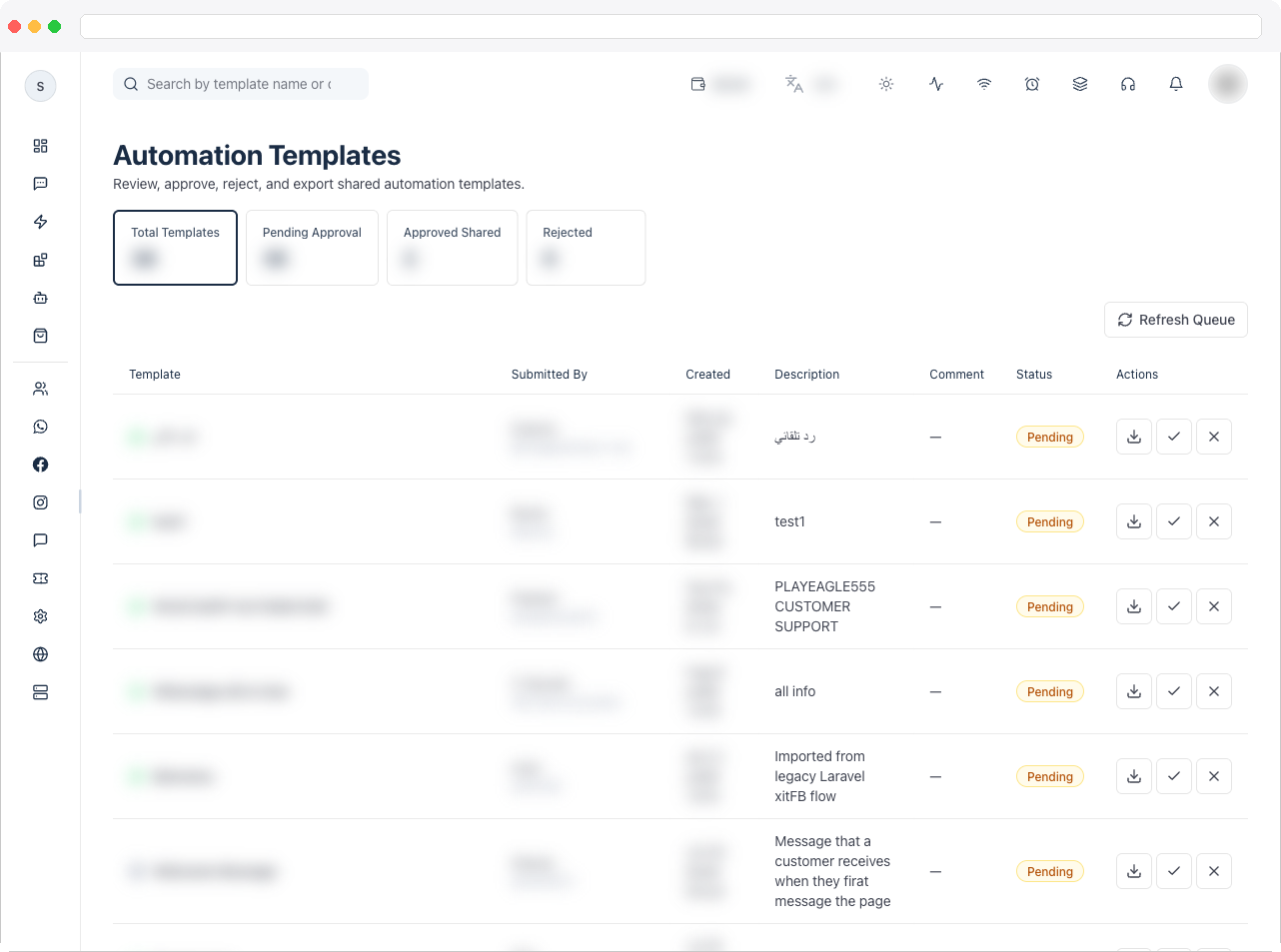 Automation Templates page showing the stat tiles and the review table with template, submitter, status, and action columns
