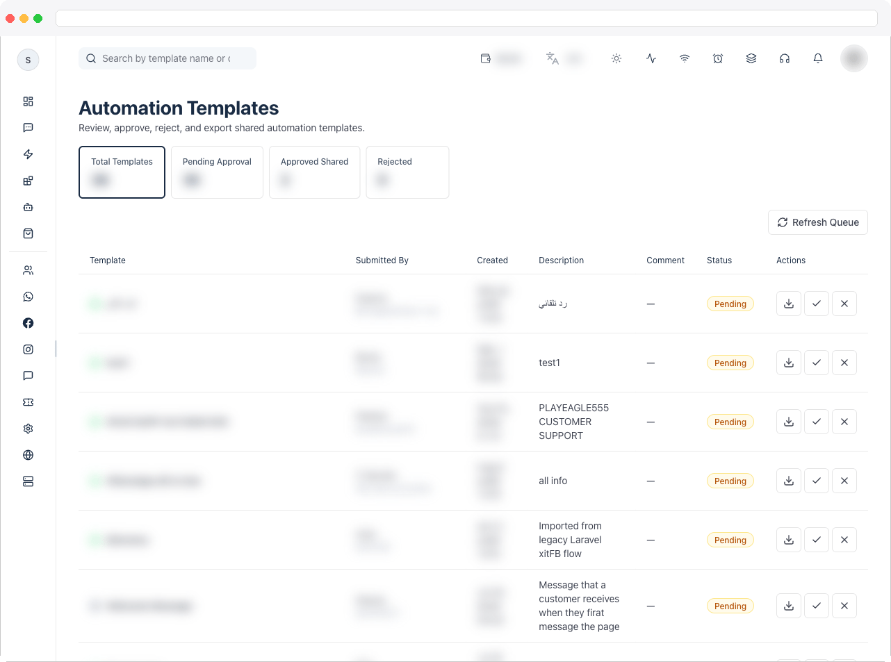 Automation Templates page showing the stat tiles and the review table with template, submitter, status, and action columns