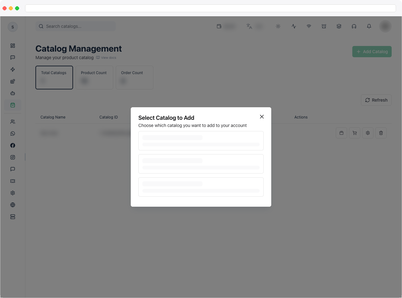 The "Select Catalog to Add" dialog listing catalogs pulled from Meta Business