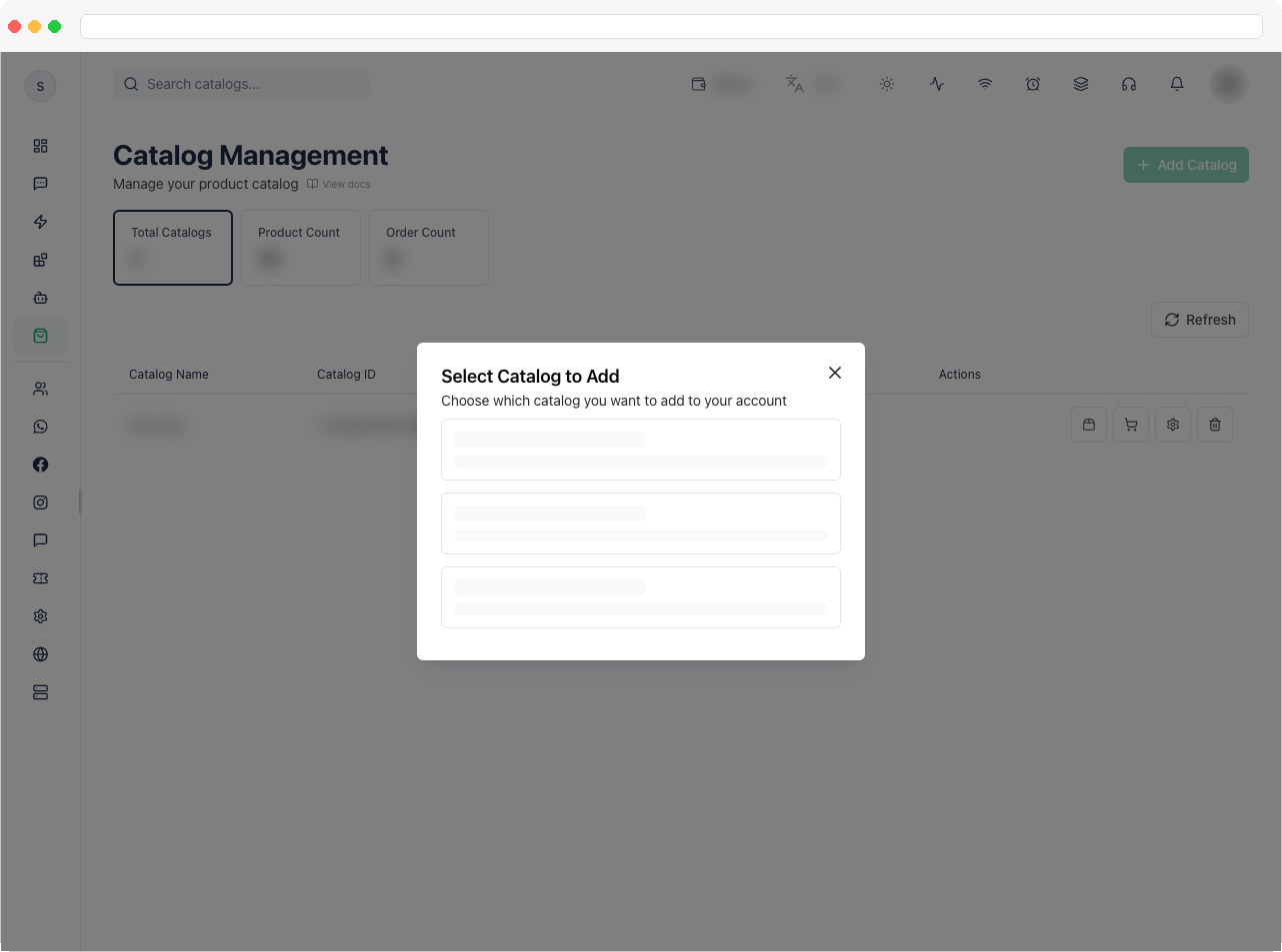 The "Select Catalog to Add" dialog listing catalogs pulled from Meta Business