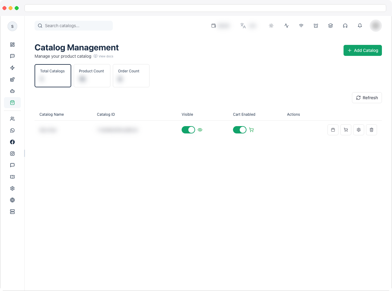 The Catalog Management page with the catalogs table and Total Catalogs/Products/Orders stat tiles
