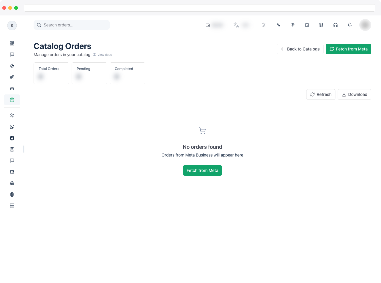 The Catalog Orders page listing orders placed through the storefront with the Total Orders, Pending, and Completed tiles