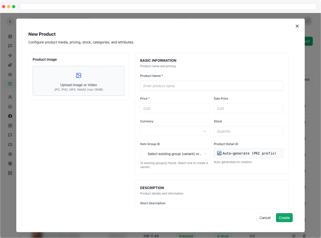 The Create Product dialog showing Basic Information, Status & Attributes, and Product Categories