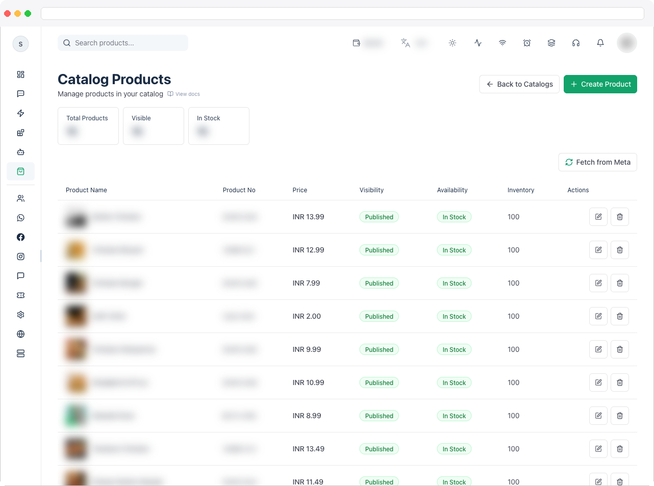 The Catalog Products page listing synced products with the Total Products, Visible, and In Stock tiles
