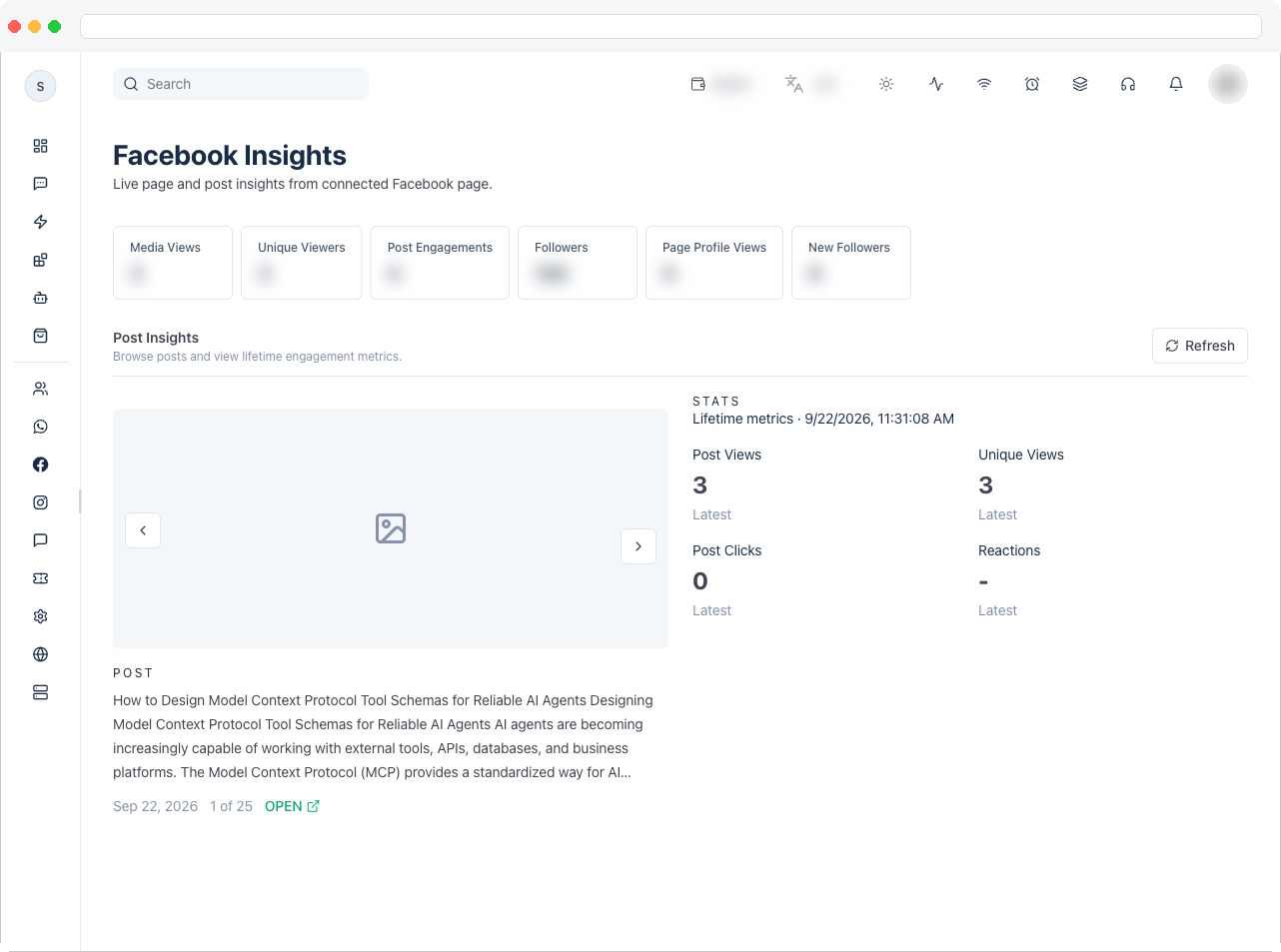 the full Facebook Insights page, showing the page metric tiles at the top and the Post Insights panel below with a post selected