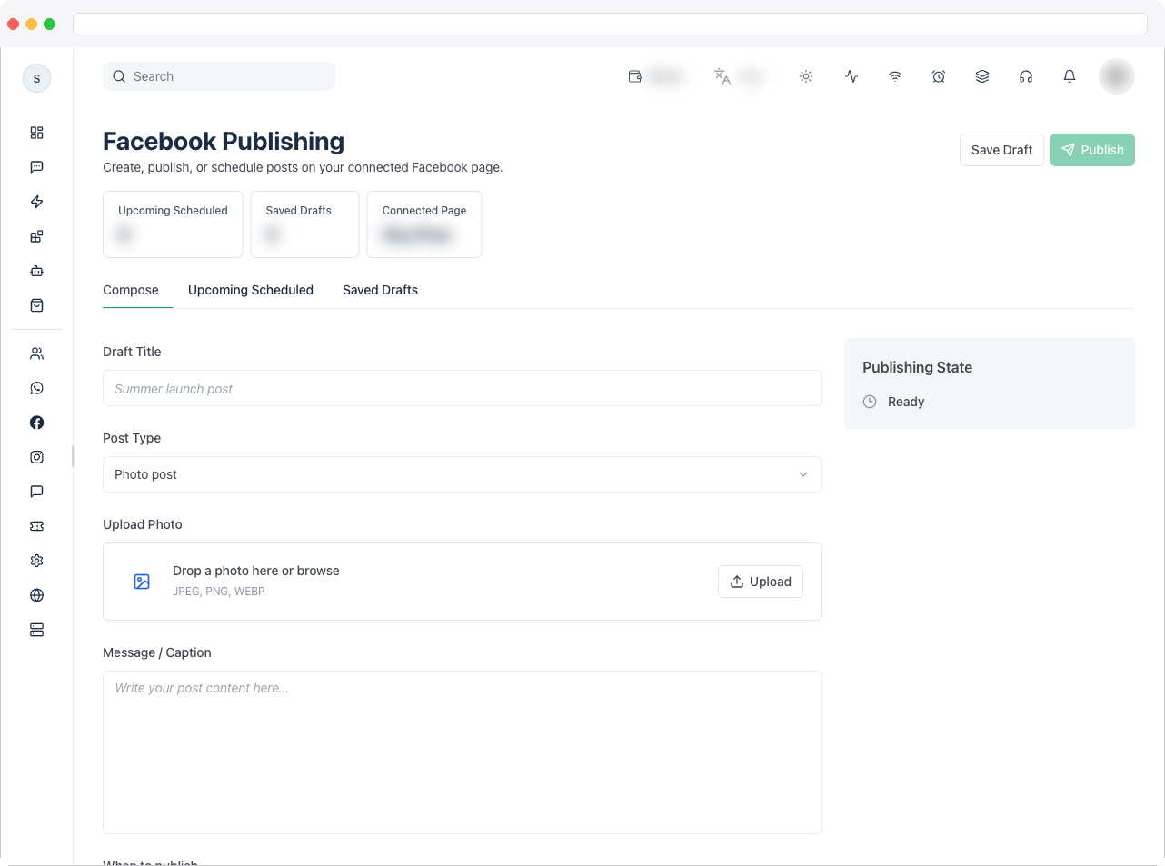 the Facebook Publishing page with the Compose tab open, showing the composer and the Publishing State panel