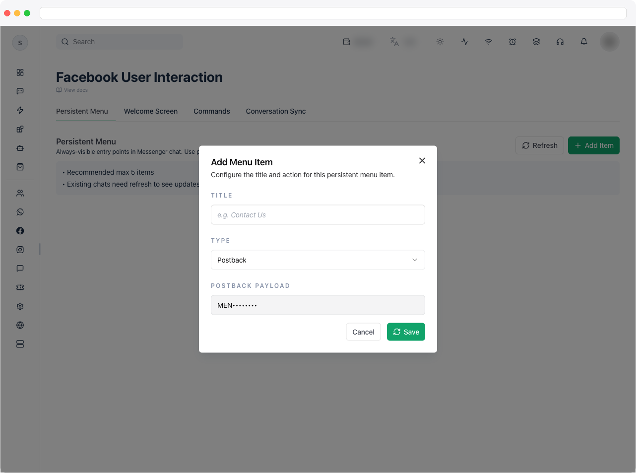 the Add Menu Item dialog with Title, Type, and URL/Payload fields