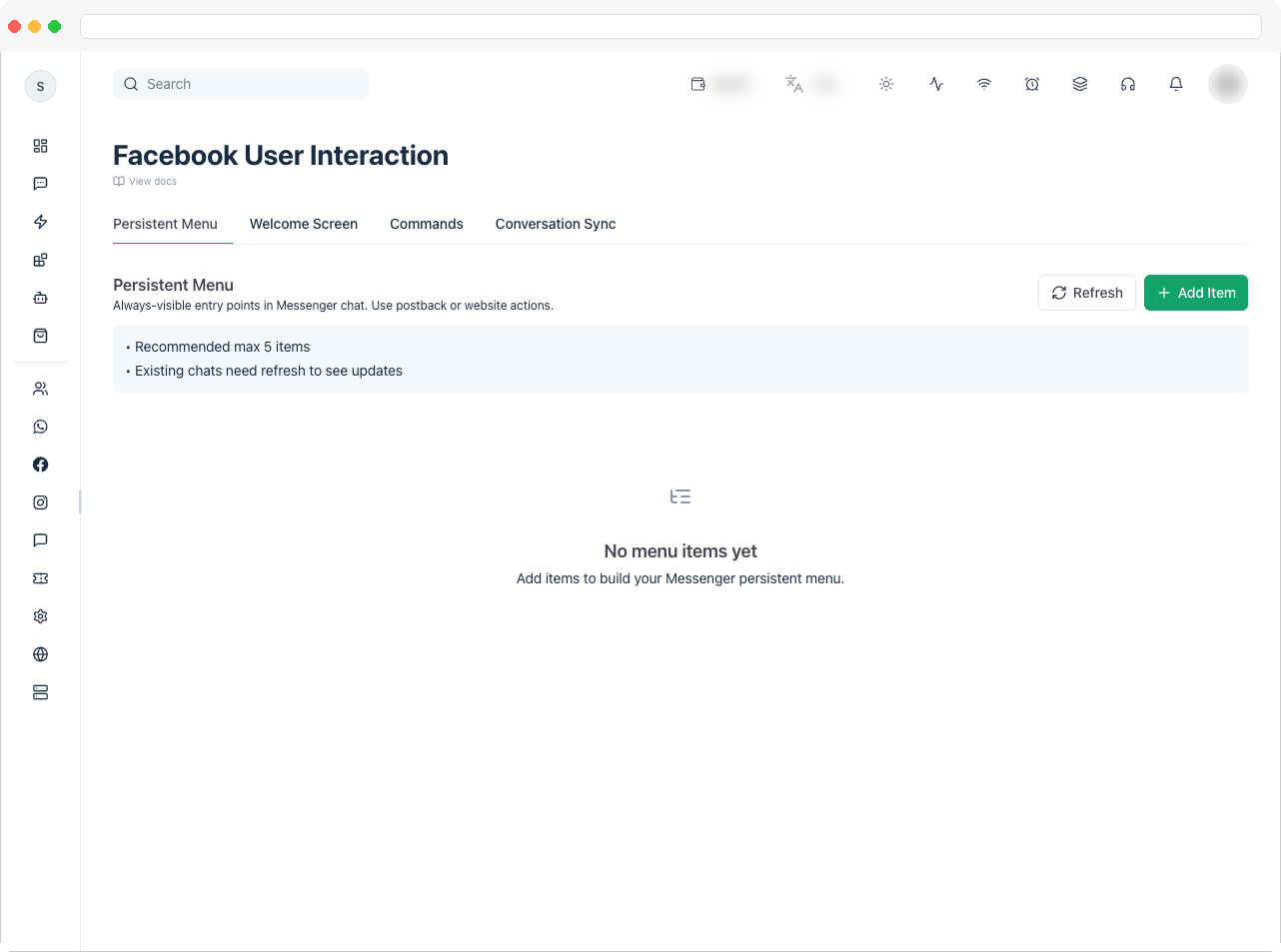 the Facebook User Interaction page with its four tabs: Persistent Menu, Welcome Screen, Commands, Conversation Sync