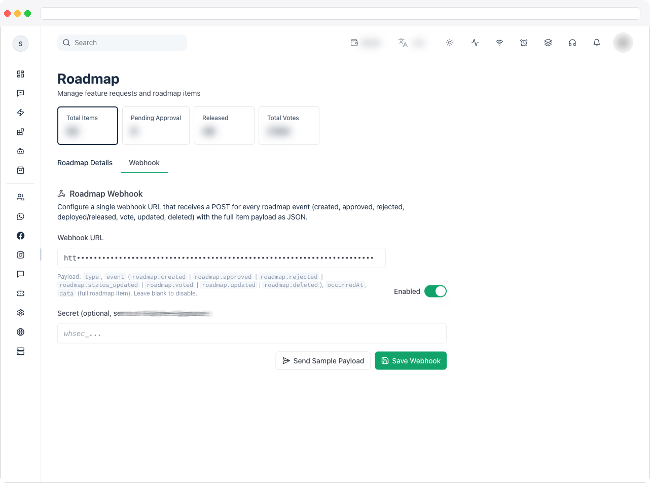 Webhook tab with URL, enabled toggle, secret field, and Send Sample Payload / Save Webhook buttons