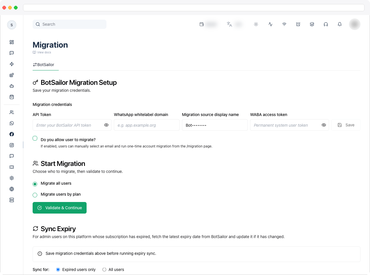 Full Migration page showing the BotSailor tab with the Migration Credentials card and the Start Migration card