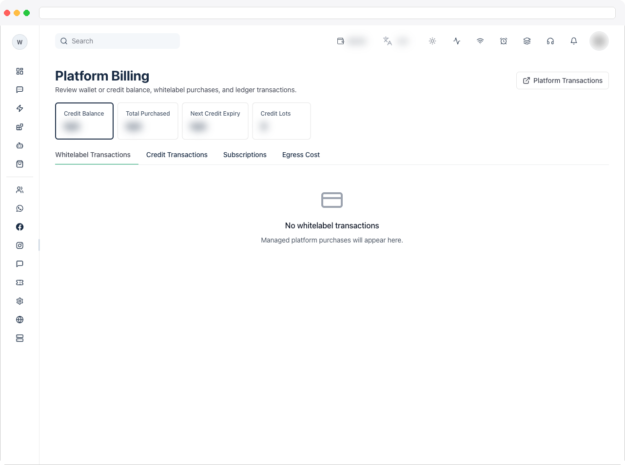 Full Platform Billing page showing the summary tiles at the top, the tab bar (Whitelabel Transactions, Credit/Wallet Transactions, Egress Cost), and the transactions table below