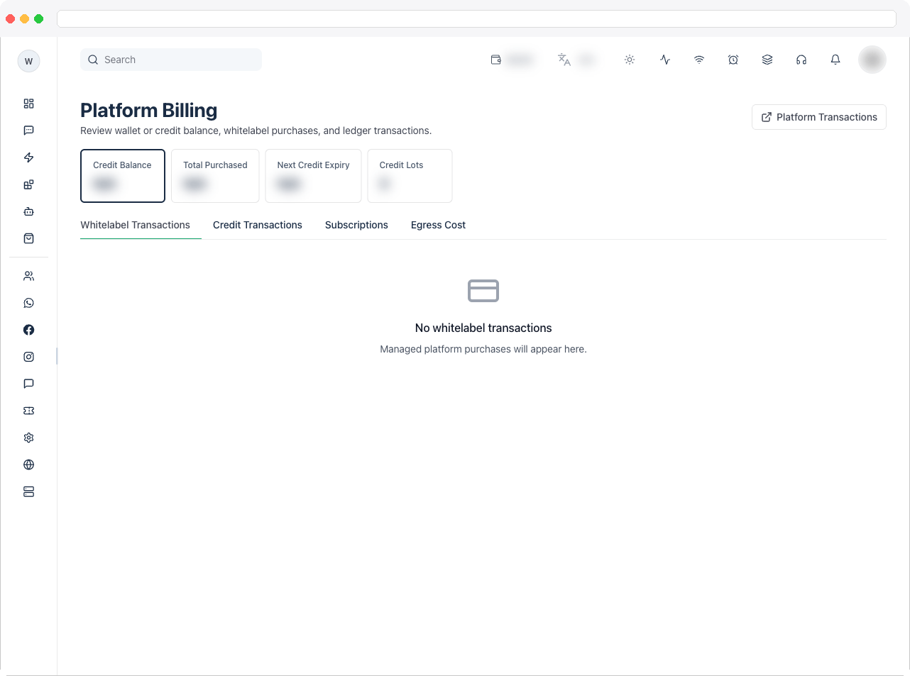 Full Platform Billing page showing the summary tiles at the top, the tab bar (Whitelabel Transactions, Credit/Wallet Transactions, Egress Cost), and the transactions table below