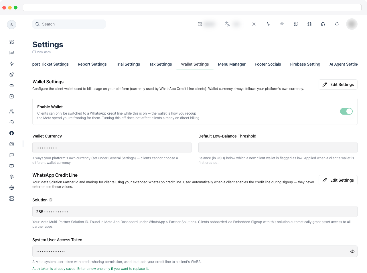 Platform Settings page with the Wallet Settings tab open
