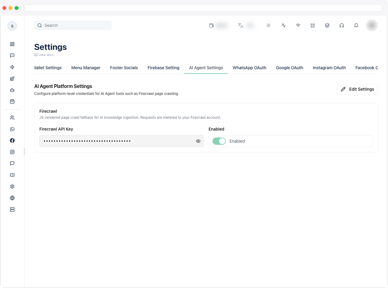 AI Agent Settings tab showing the Firecrawl card with API key and enabled toggle