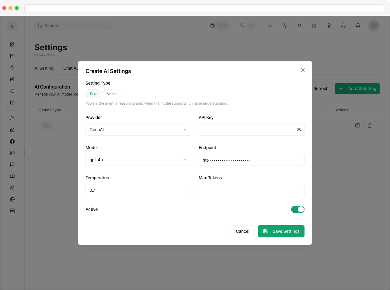 The Add/Edit AI Setting dialog