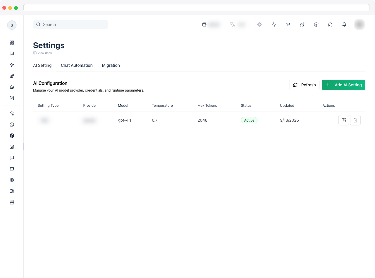 The Settings page with the AI Setting, Chat Automation, and Migration tabs visible