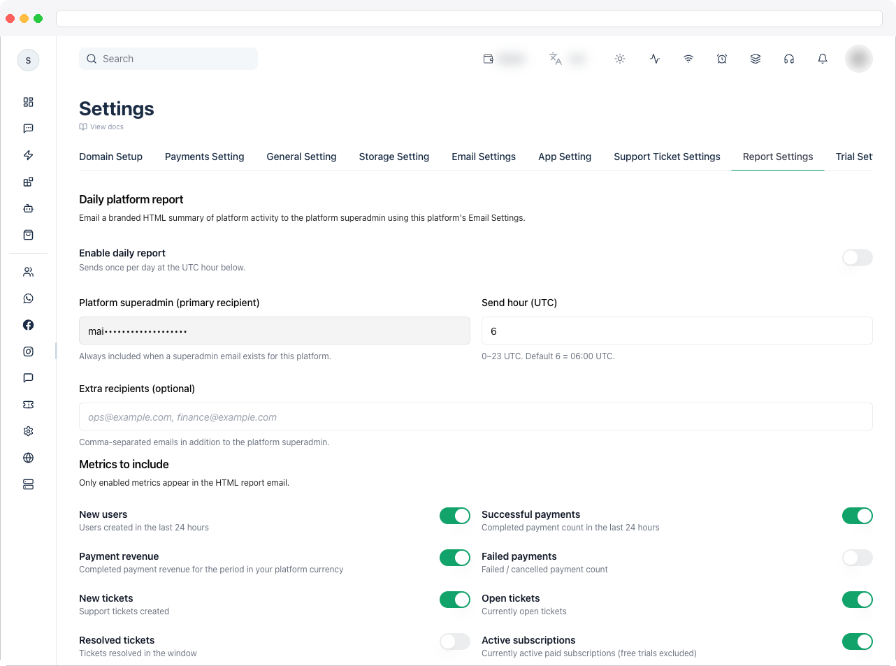 Report Settings tab showing the daily platform summary card and the metrics-to-include card