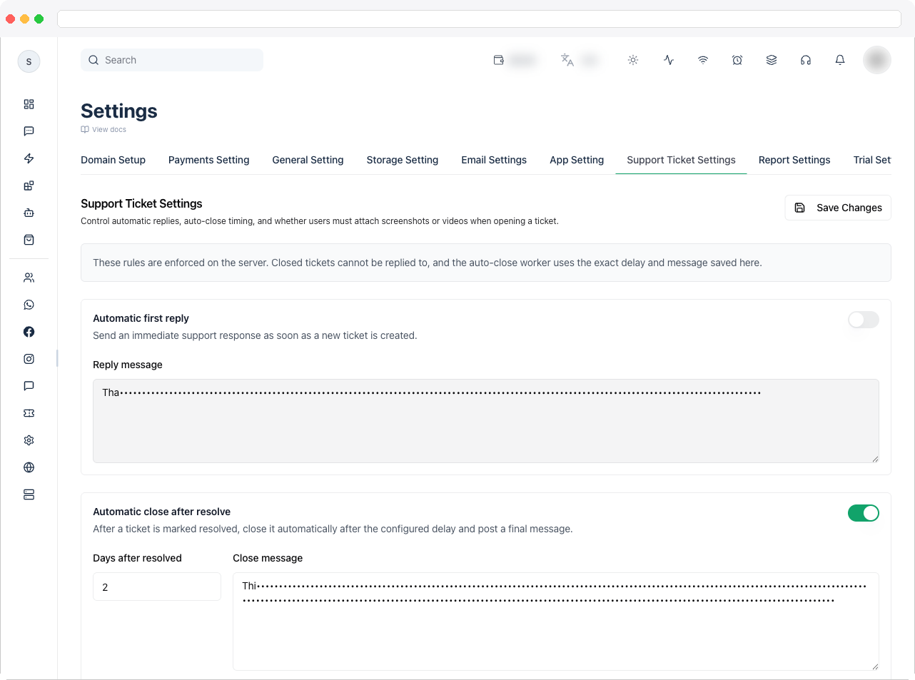 Support Ticket Settings tab showing the automatic first reply, automatic close, and attachment requirement cards