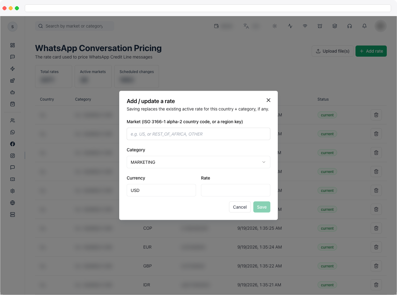 The Add / update a rate dialog with Market, Category, Currency, and Rate