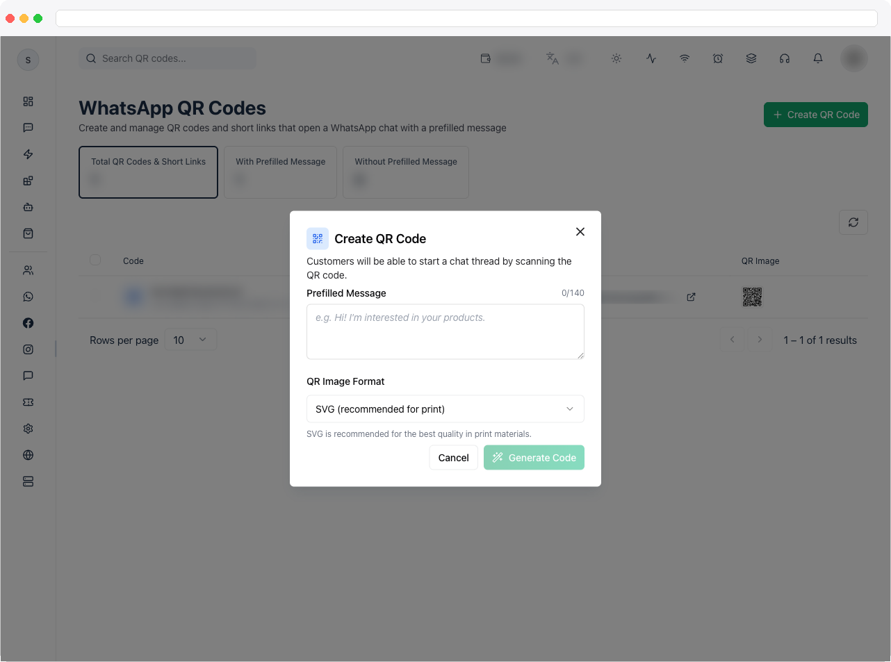 Create QR Code dialog with the Prefilled Message textarea and QR Image Format selector