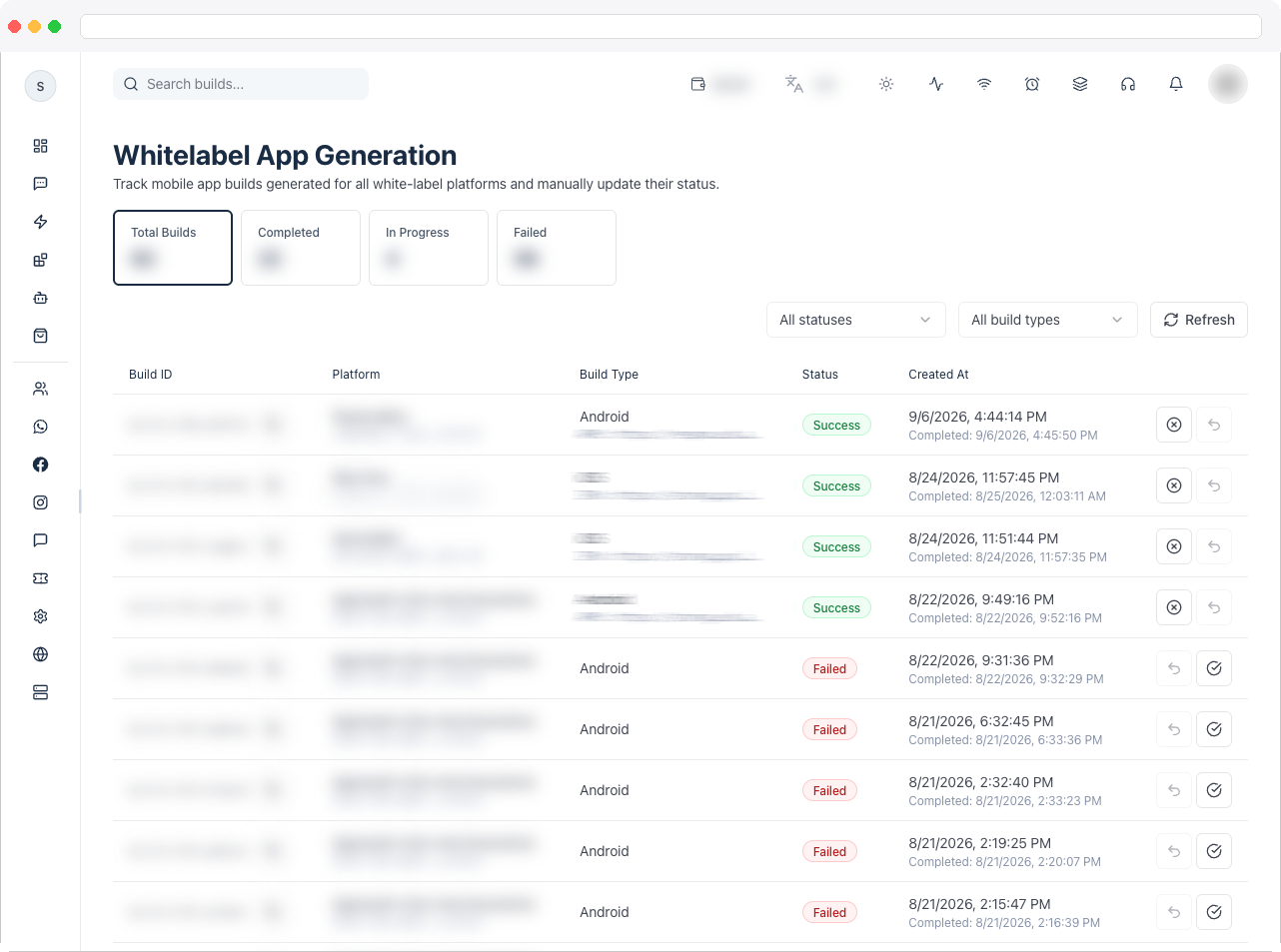 Whitelabel App Generation page showing the stat tiles and the builds table
