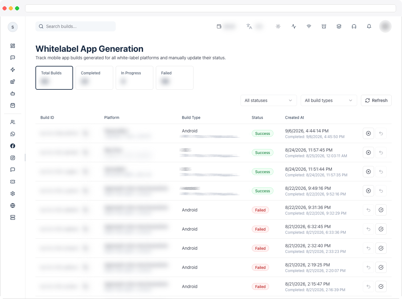 Whitelabel App Generation page showing the stat tiles and the builds table