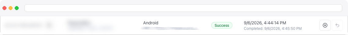 Close-up of a build row's status pill and the mark-as-failed / mark-as-success action icons
