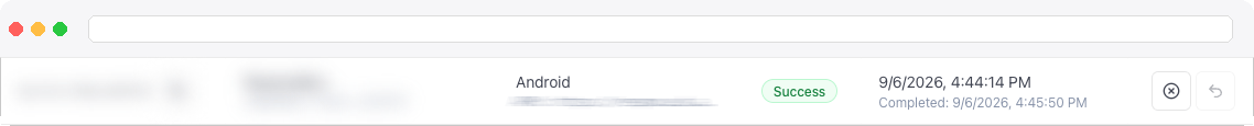 Close-up of a build row's status pill and the mark-as-failed / mark-as-success action icons