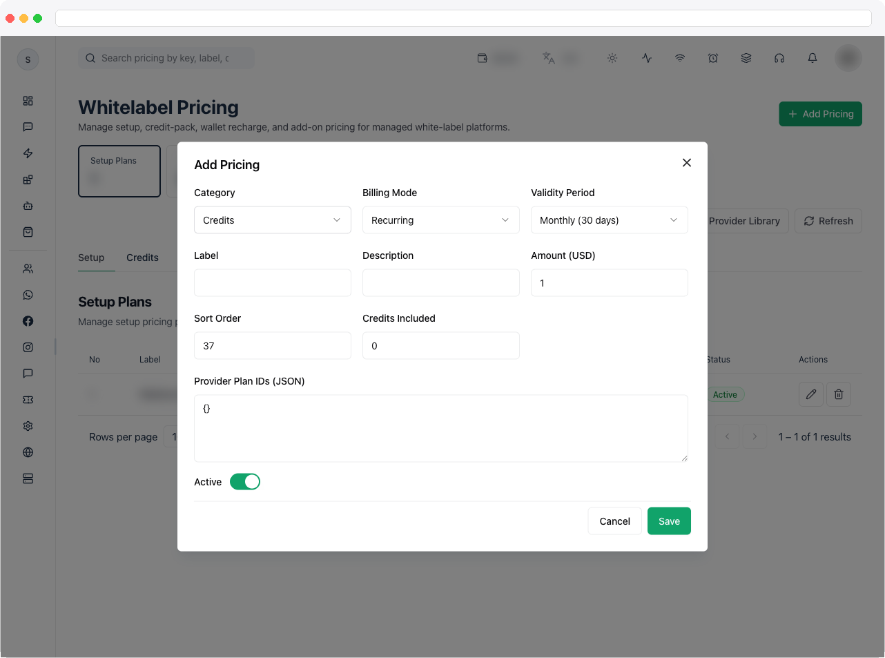 Add Pricing dialog showing the label, category, billing mode, amount, credits included, and validity period fields