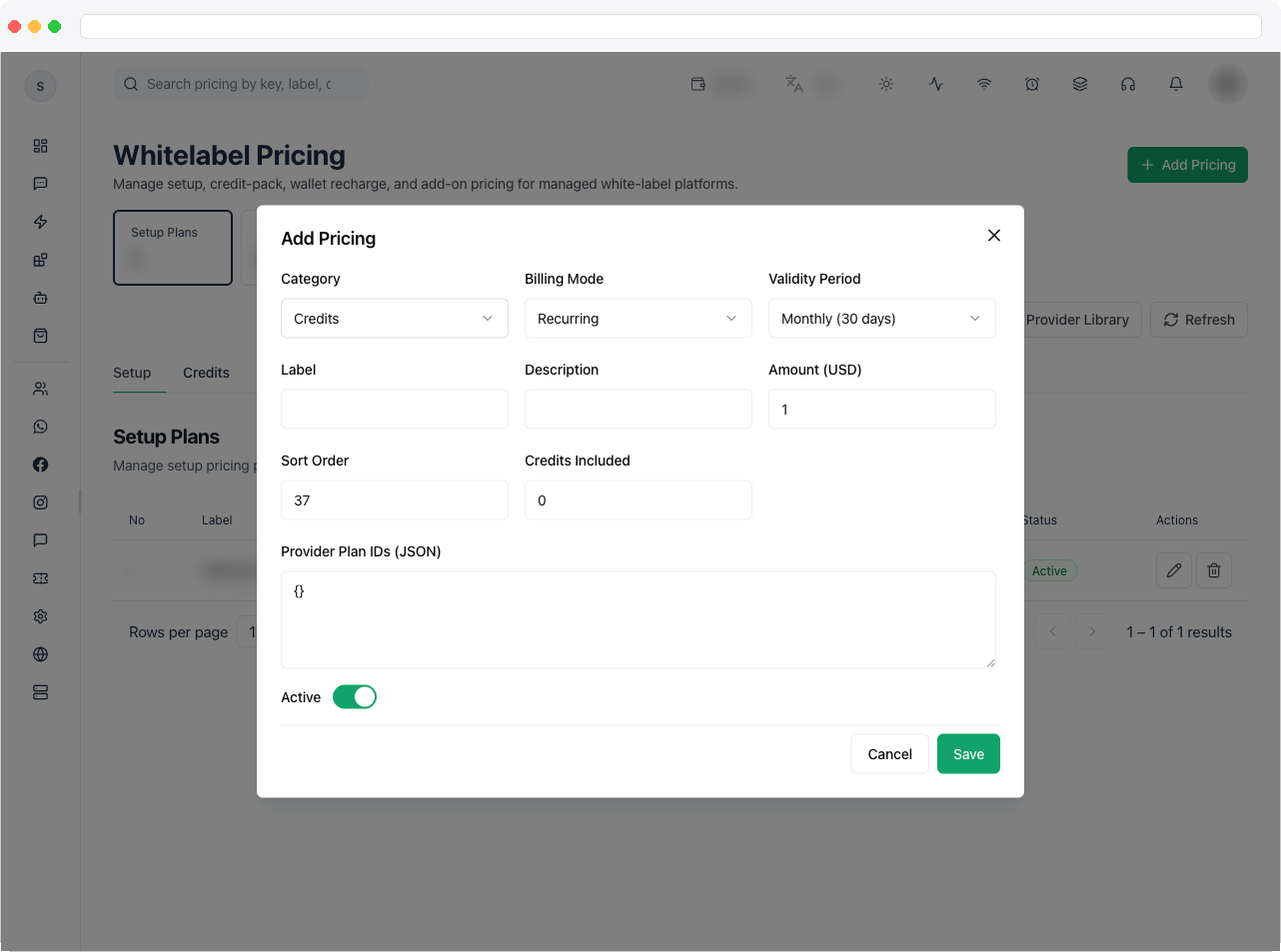 Add Pricing dialog showing the label, category, billing mode, amount, credits included, and validity period fields