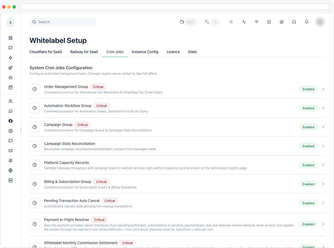 The Cron Jobs tab showing the list of jobs as rows, each with a name, description, and an Enabled/Disabled pill