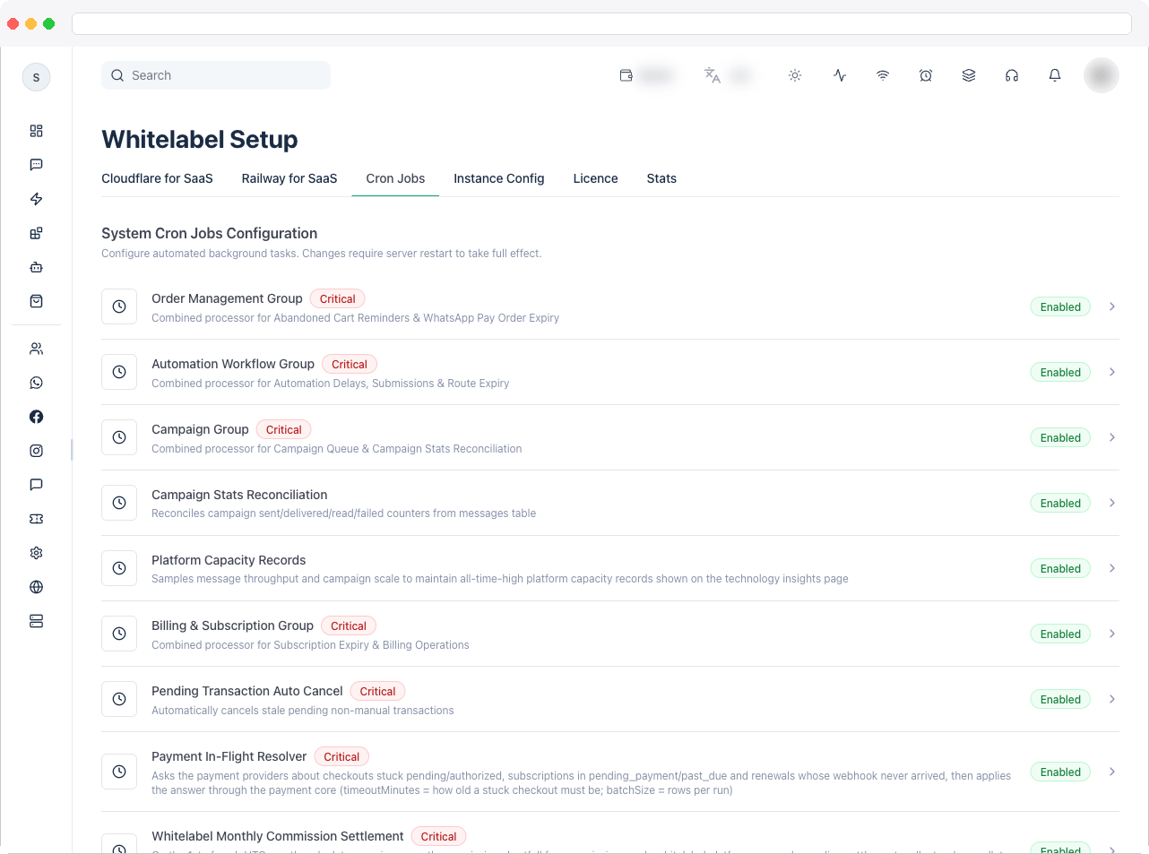 The Cron Jobs tab showing the list of jobs as rows, each with a name, description, and an Enabled/Disabled pill