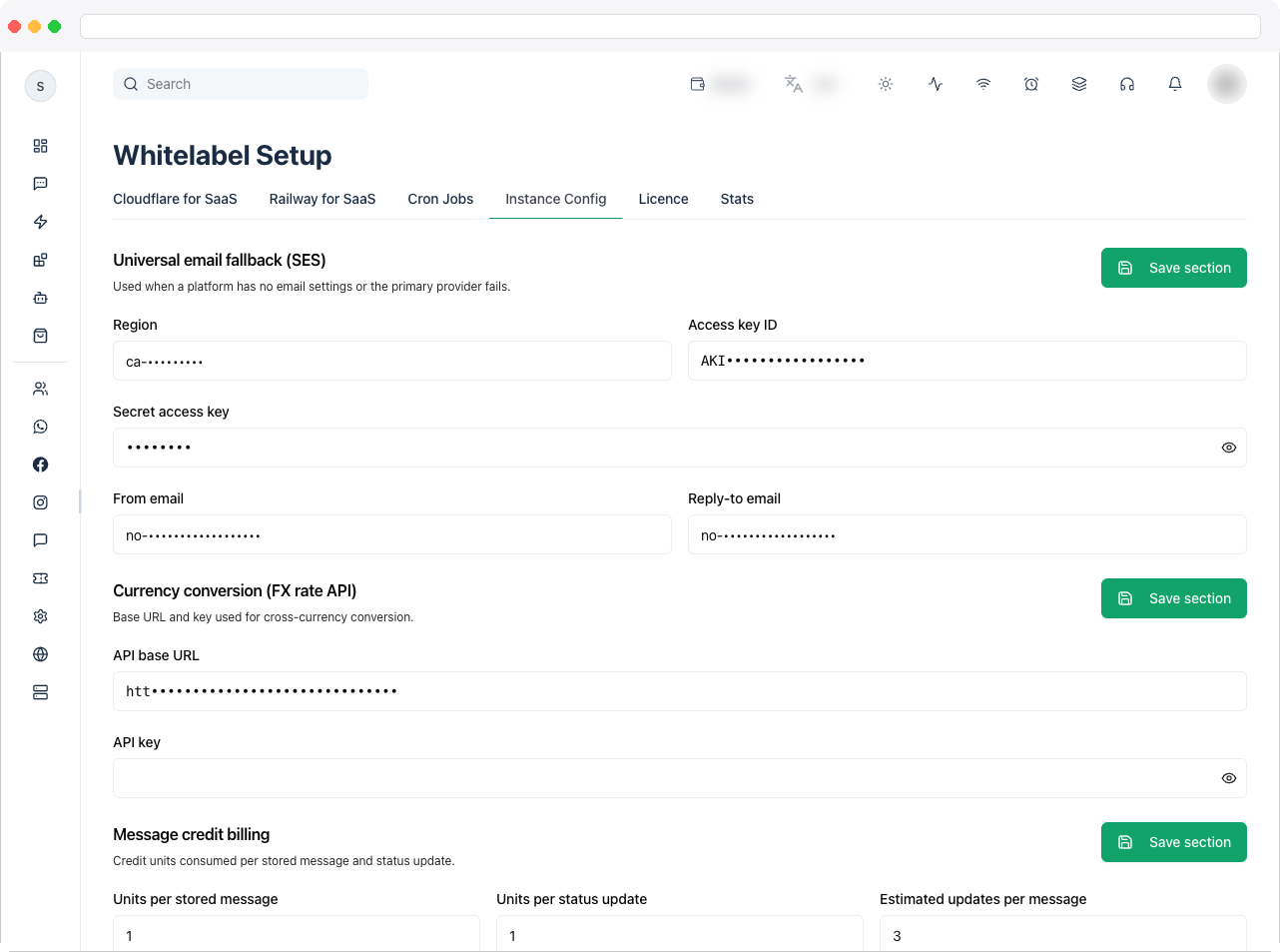 The Instance Config tab showing the four sections: Universal email fallback (SES), Currency conversion (FX rate API), Message credit billing, and Read-only instance status