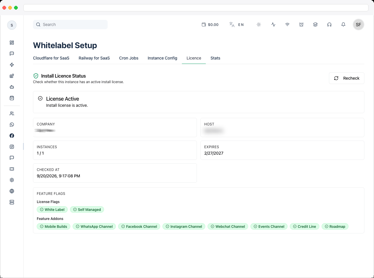 The License Active status alert with its description message