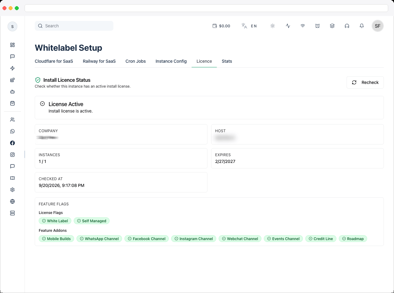 The License Active status alert with its description message