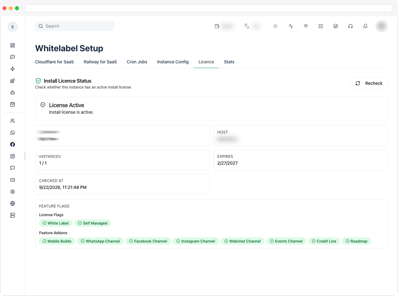 The Licence tab showing the License Active/Not Active alert, the instance detail cards, and the Feature Flags panel