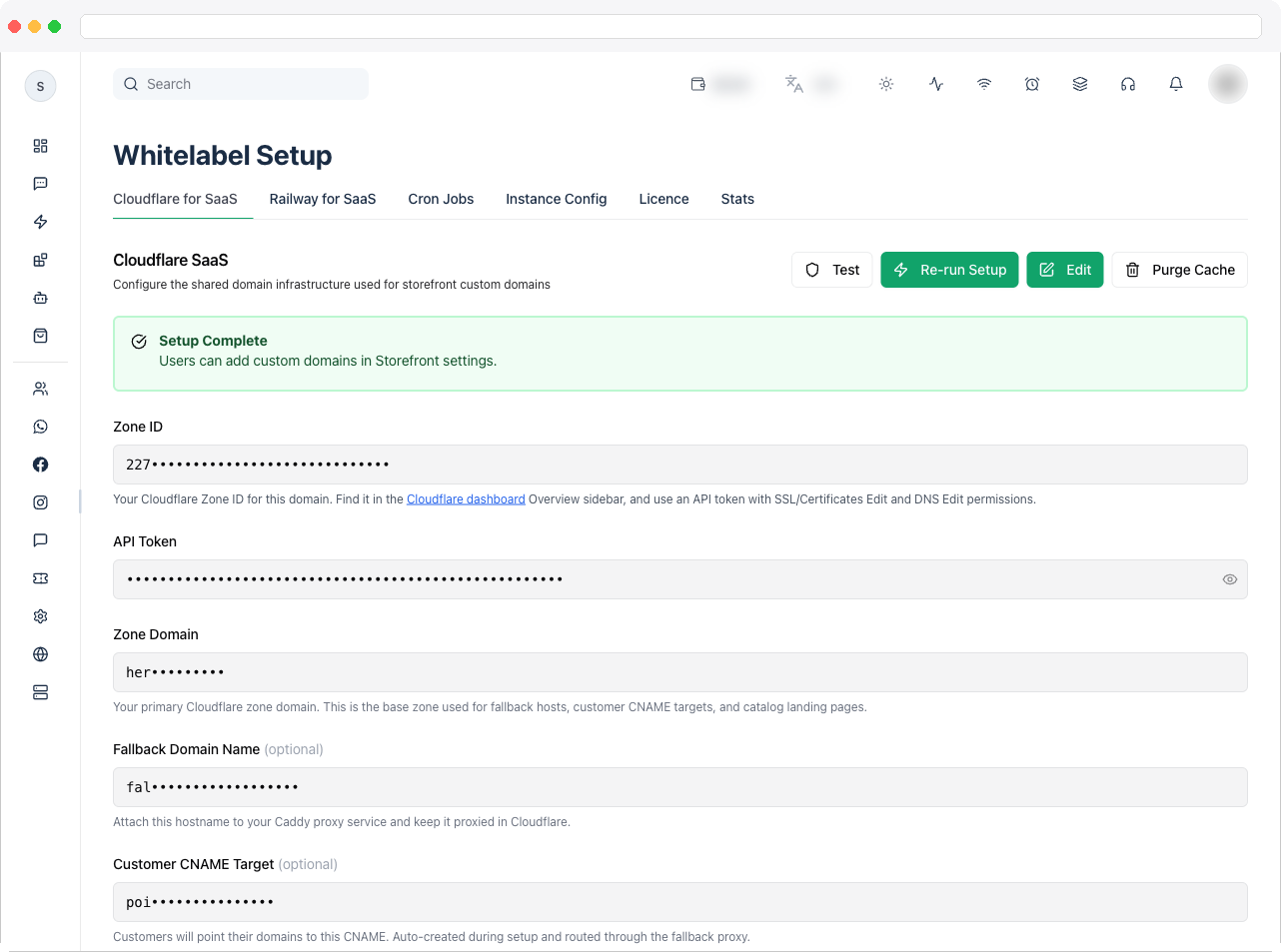 The Whitelabel Setup page showing the six tabs (Cloudflare for SaaS, Railway for SaaS, Cron Jobs, Instance Config, Licence, Stats) with the Cloudflare for SaaS tab active