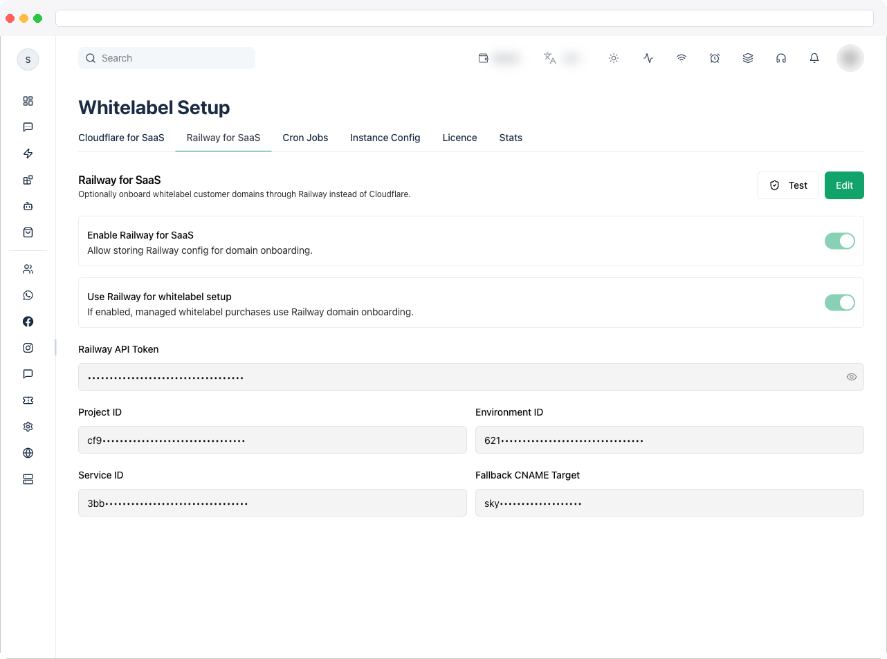 The Railway for SaaS tab with the Enable Railway for SaaS and Use Railway for whitelabel setup switches, Railway API Token field, and Project ID / Environment ID / Service ID / Fallback CNAME Target fields