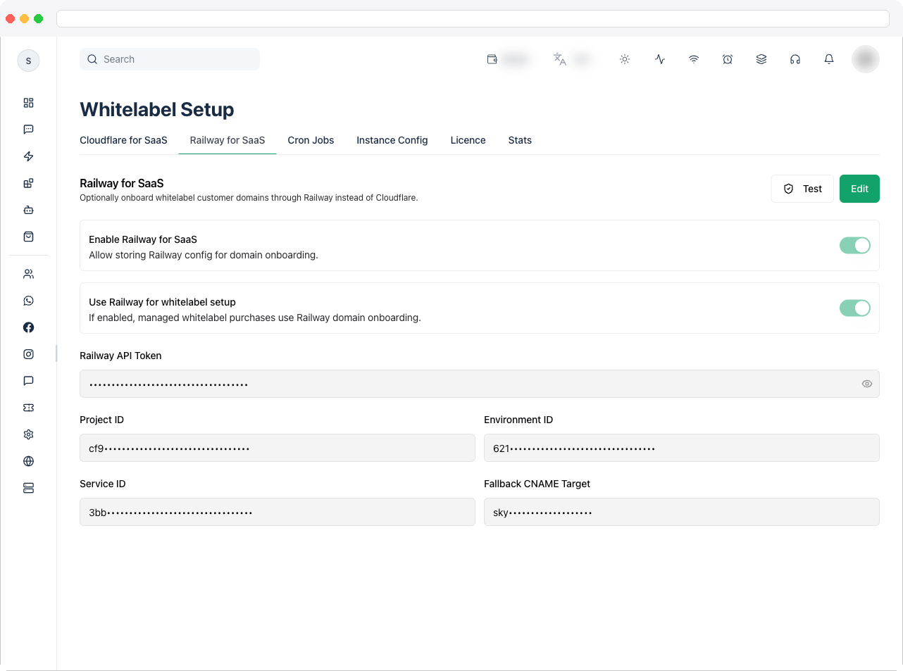 The Railway for SaaS tab with the Enable Railway for SaaS and Use Railway for whitelabel setup switches, Railway API Token field, and Project ID / Environment ID / Service ID / Fallback CNAME Target fields