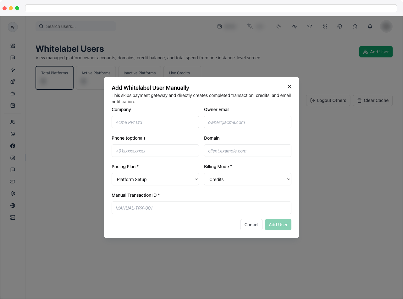 Add Whitelabel User Manually dialog with Company, Owner Email, Phone, Domain, Pricing Plan, Billing Mode, and Manual Transaction ID fields