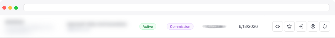 Close-up of the row action icons (view, assign, login, and — for commission platforms — settlement and billing-lock icons)