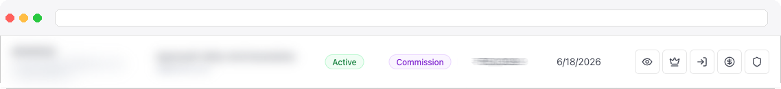 Close-up of the row action icons (view, assign, login, and — for commission platforms — settlement and billing-lock icons)